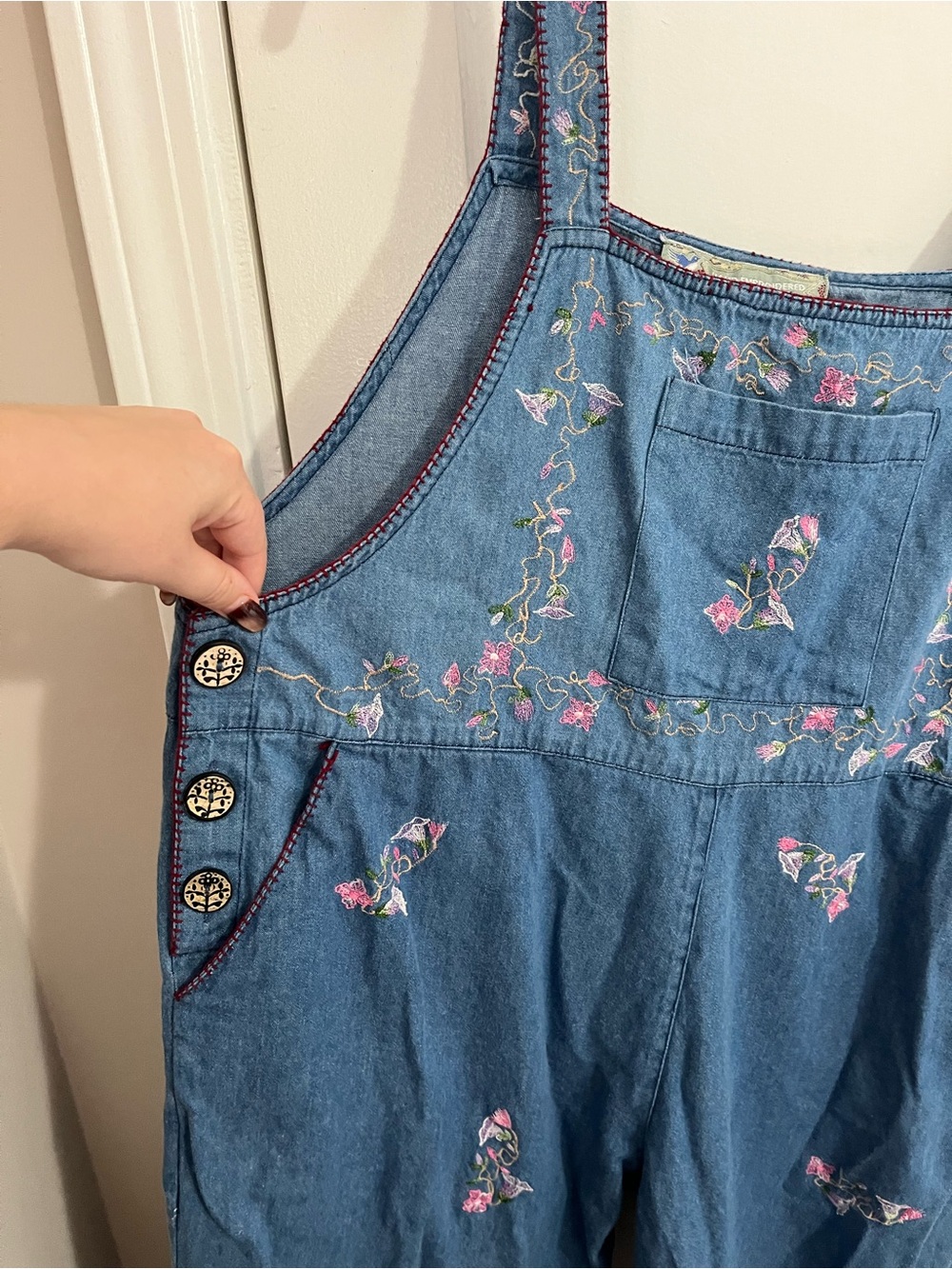 Vintage Embroidered Floral Denim Overalls - Cottage Core - Picture 3 of 6